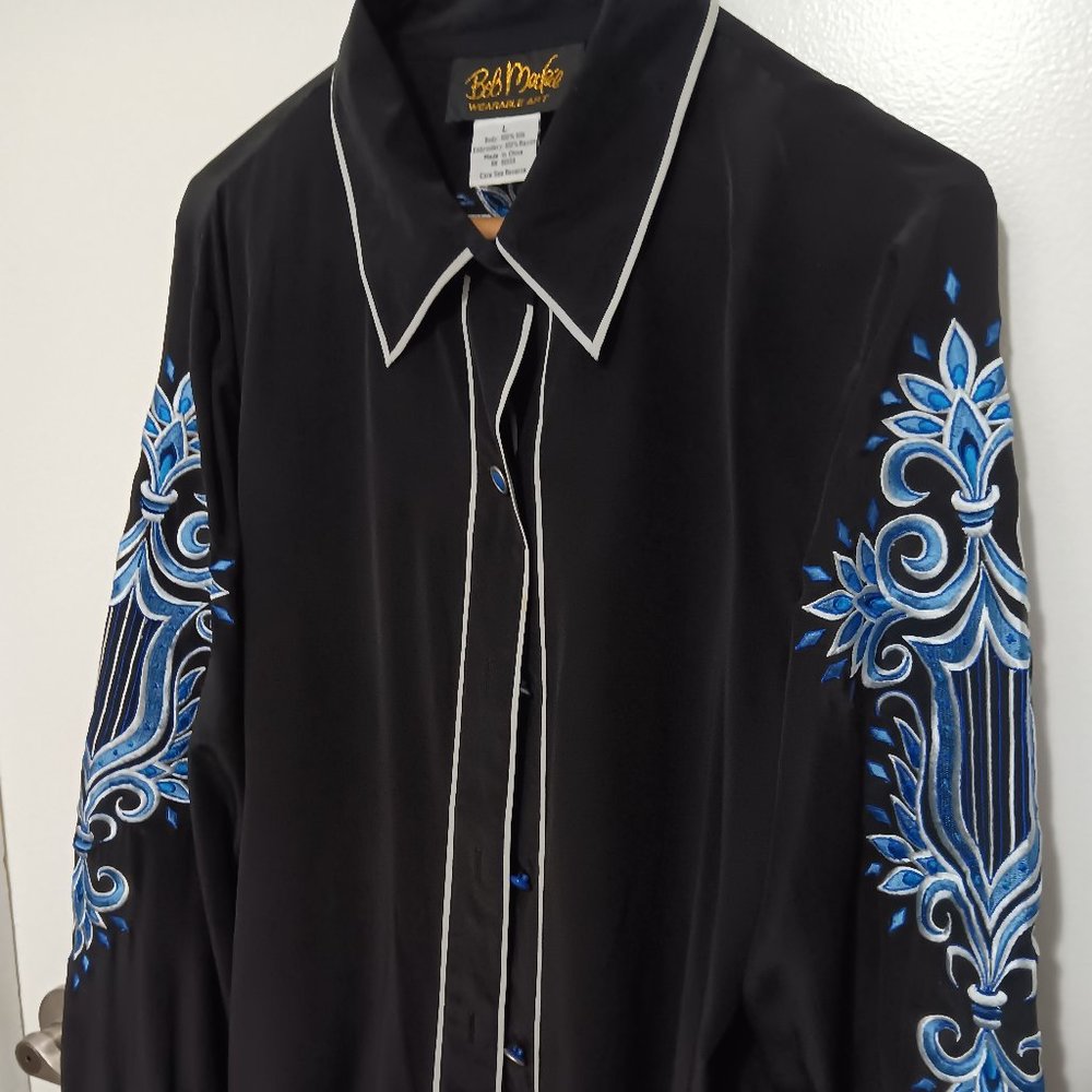 BOB MACKIE WEARABLE ART STUNNING BLACK EMBROIDERED SHIRT LARGE